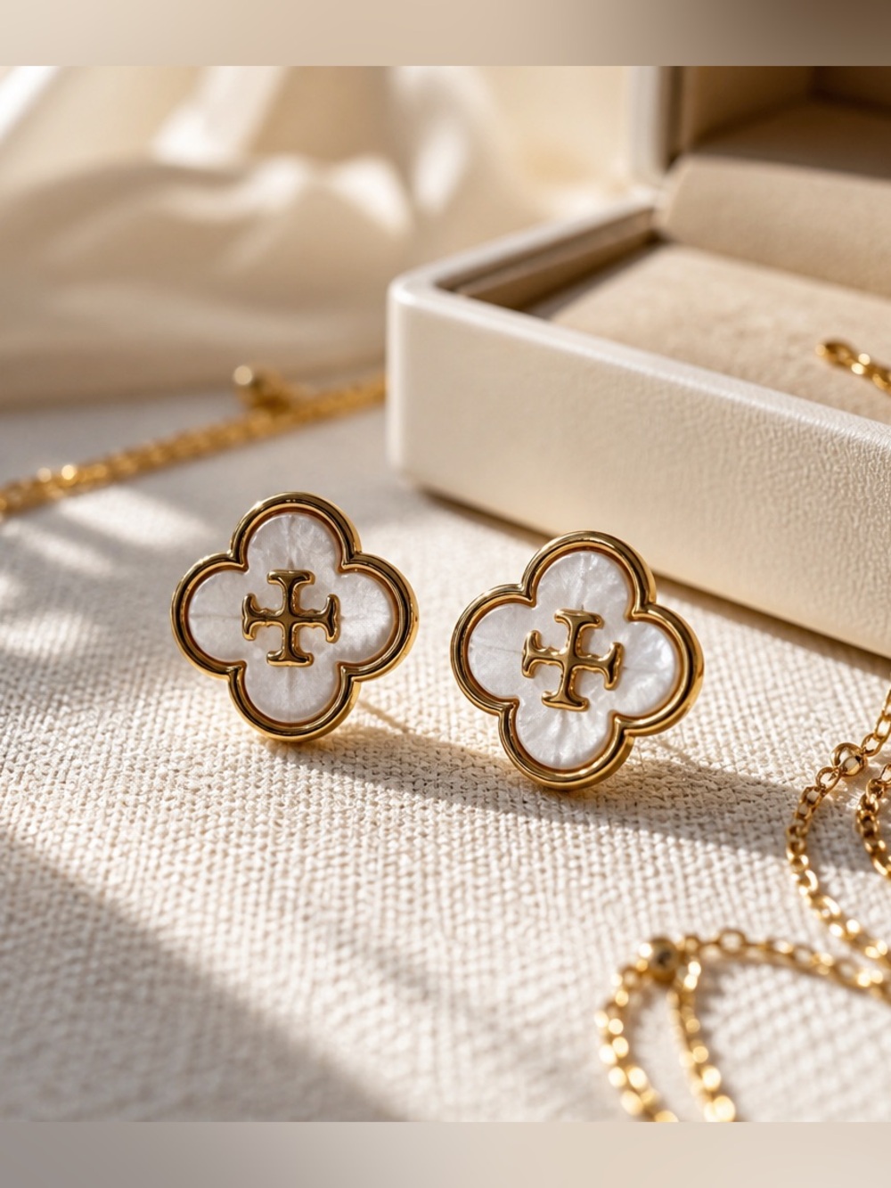 Tory Burch Gold-Tone Clover Pearl Stud Earrings- New!